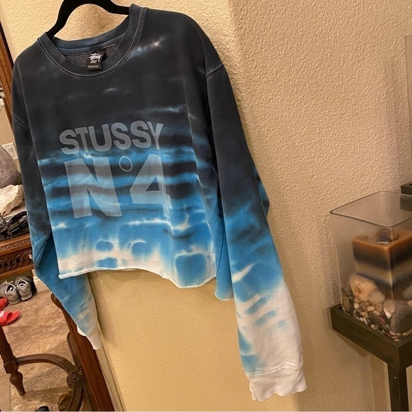 STUSSY N•4 Women Blue Tie Dye Cropped Cut Off Sweater Size Large *Rare* - Picture 2 of 8